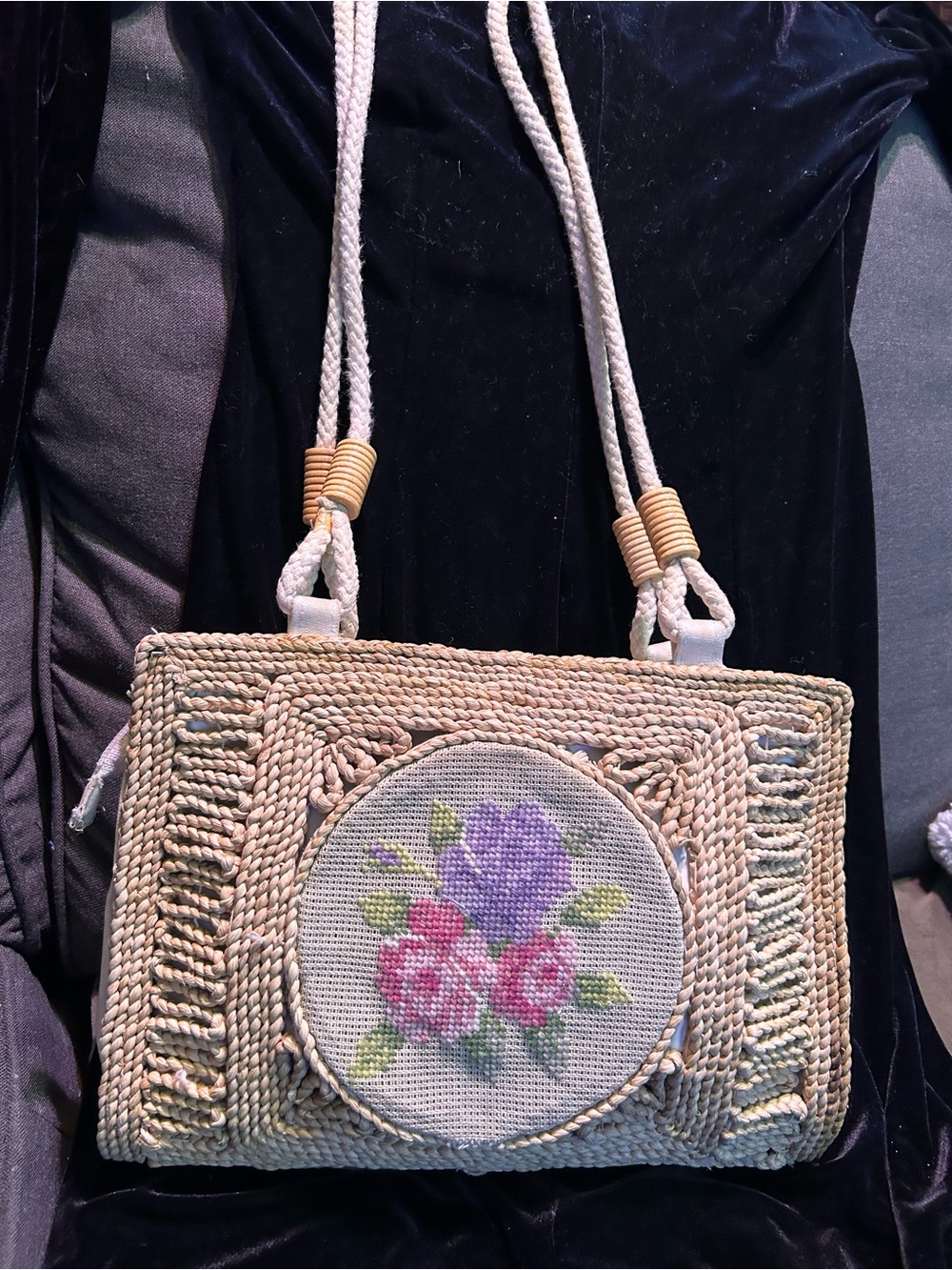 Woven Straw Shoulder Bag with Floral Needlepoint - Natural Beige